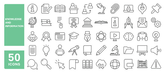 Set of 50 line icons related to knowledge and information, research, skill, data, transfer, distribution, sharing, learn, process, education, guidance, Editable stroke. Vector illustration