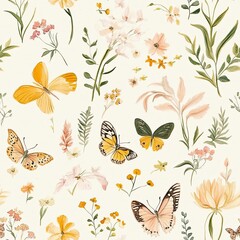 Vibrant Butterflies and Delicate Flowers Arranged in a Whimsical Pattern on a Soft Background
