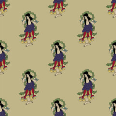 Seamless ethnic pattern with images of Kongara Dōji. Japanese mythology. On light yellow background.