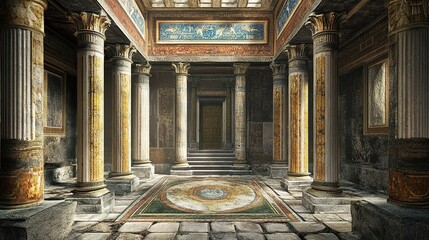 Obraz premium Grand Roman arches and columns in a historical cityscape setting