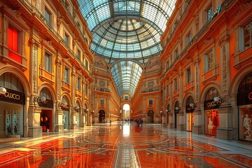 Naklejka premium A large, open shopping mall with a glass ceiling and many stores