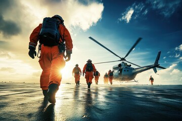Rescue workers in bright orange suits walk determinedly towards a helicopter against a dramatic sky, symbolizing bravery and readiness.