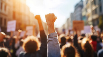 Crowd of protesters with raised fists in the air during a demonstration, standing up for rights and social justice