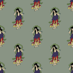 Seamless ethnic pattern with images of Kongara Dōji. Japanese mythology. On gray background.