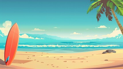 A red surfboard leaning against a palm tree on a sandy beach with turquoise ocean and blue sky