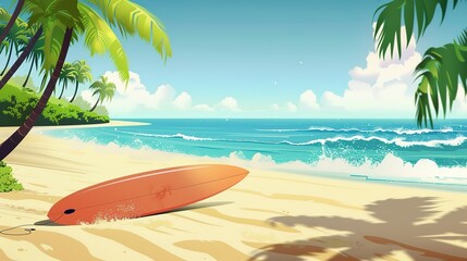 A Surfboard Resting on a Sandy Beach With Palm Trees and a Blue Sky