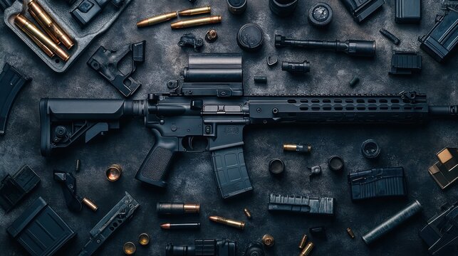 An organized display of an AR-15 rifle with various parts and accessories on a dark surface, showcasing the intricate design and hardware of the firearm.