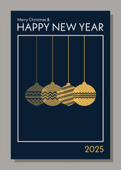 Merry Christmas and Happy New Year greeting card, event poster layout in modern abstract geometric style. Illustration with Christmas balls. Bauhaus style