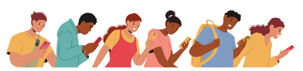 Young People Engaging With Their Smartphones. Diverse Characters Are Smiling And Fully Absorbed In Digital Devices