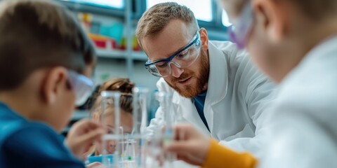 Obraz premium A scientist in a white coat is actively engaging and teaching children in a laboratory setting. The kids are seen participating in a hands-on scientific experiment.