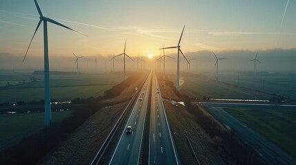 Obraz premium Many windmills, fields, highways, cars. Generative AI.