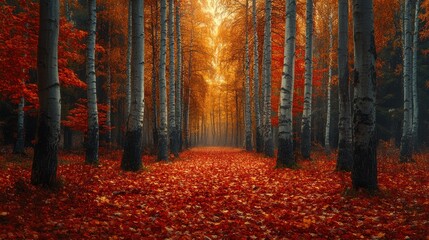 Serene autumn forest path with vibrant orange and red foliage.