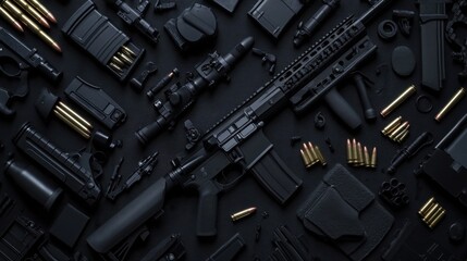 Fototapeta premium Comprehensive flat lay shot of an AR-15 rifle, its various parts, and bullets meticulously organized on a dark surface.