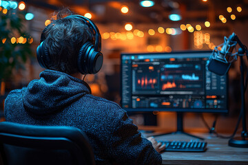 A professional participating in a webinar from a home office setup with a microphone and camera. Concept of virtual professional development.