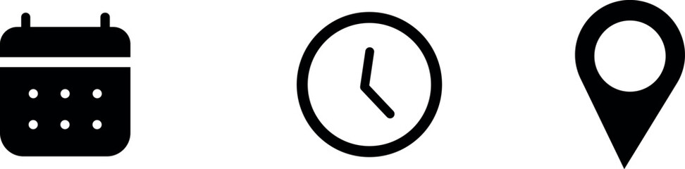 Calendar, Location pin, Clock icons. Event icon set. Address, time, date symbols vector