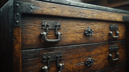 This detailed shot captures the rustic elegance of dark wooden drawers with sturdy metal handles, highlighting the rich, textured surface and craftsmanship.