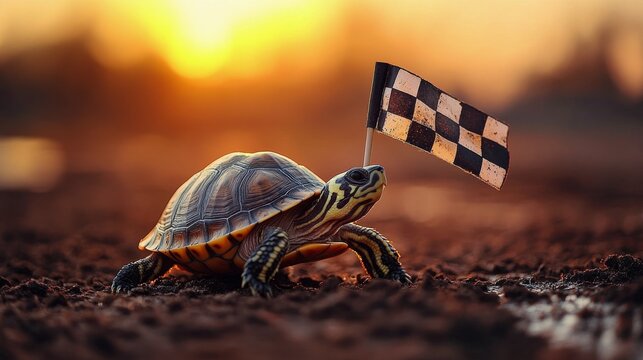 A turtle crossing the finish line at sunset with a checkered flag in the foreground