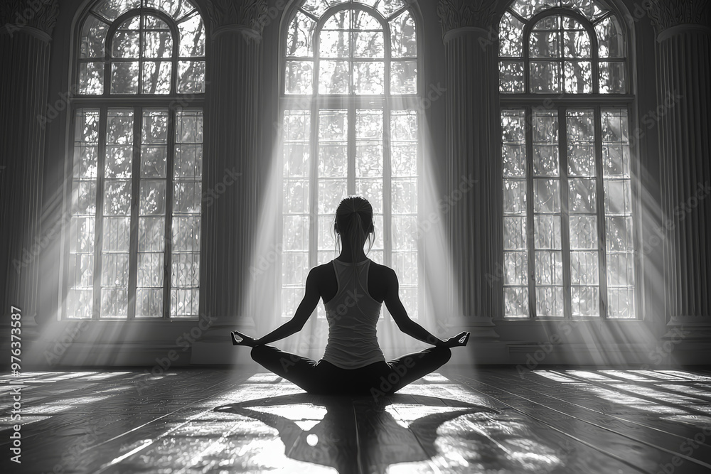 Poster A person in a simple, monochrome room practicing yoga with minimal props. Concept of minimalist fitness.