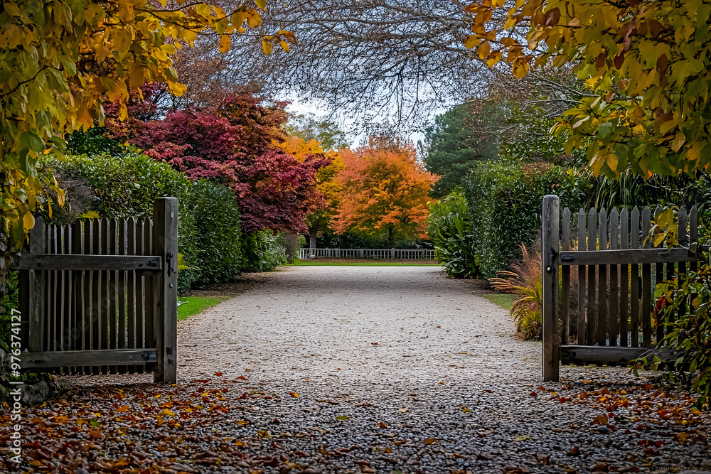 Canvas Prints Under colourful autumn trees, a gravel driveway has a picket fence and gate