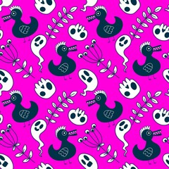 Halloween animals seamless skulls and ducks pattern for wrapping paper