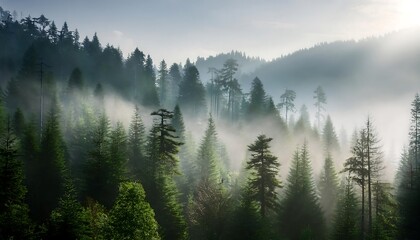 Obraz premium Enchanted Morning Forest Scene with Misty Trees and Towering Mountains at Dawn Soft Rays of Sunlight Breaking Through the Thick Fog for a Serene and Mystical Atmosphere Graphic Art Illustration
