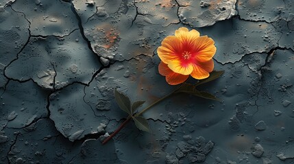 A beautiful flower growing from a crack in a concrete wall. The flower is illuminated in stark color by soft. Generative AI.