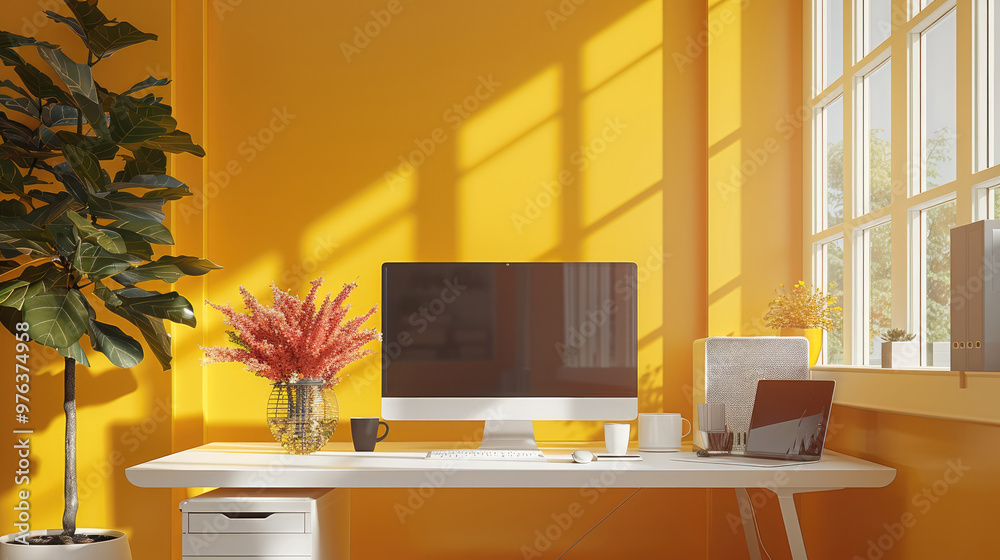 Poster a bright and airy office space with minimalist decor, featuring a computer monitor on the desk in a 