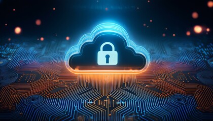 Illustration of a glowing cloud icon with a lock in the center, representing cloud data security and cybersecurity in cloud computing environments. Generative AI
