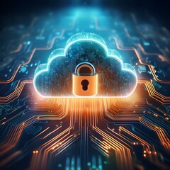 Illustration of a glowing cloud icon with a lock in the center, representing cloud data security and cybersecurity in cloud computing environments. Generative AI