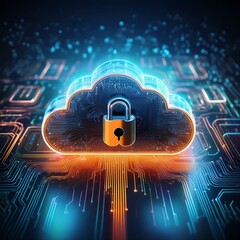 Illustration of a glowing cloud icon with a lock in the center, representing cloud data security and cybersecurity in cloud computing environments. Generative AI