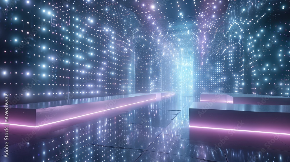 Aufkleber exhibition stand composed of countless glowing light dots, futuristic design, ethereal light particl