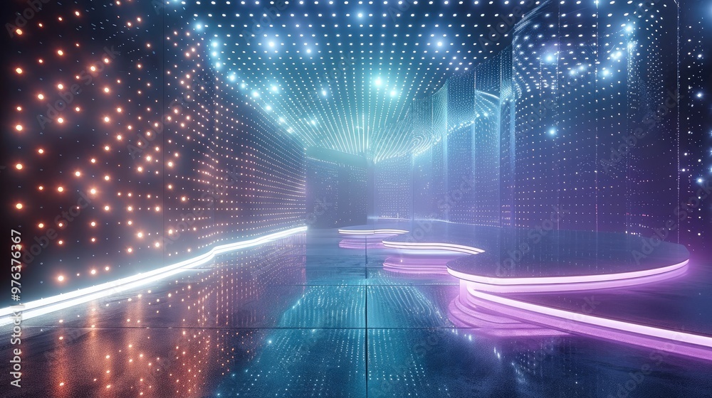 Aufkleber exhibition stand composed of countless glowing light dots, futuristic design, ethereal light particl