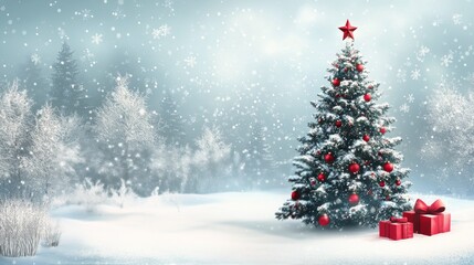 Obraz premium Winter sunset with a snow-covered pine tree and mountains in a serene landscape