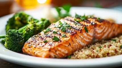 A delicious plate featuring grilled salmon, quinoa, and steamed broccoli, showcasing a healthy meal option.