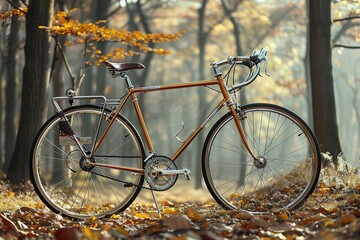 Fototapeta premium A bicycle with a basket on the back is parked in a forest