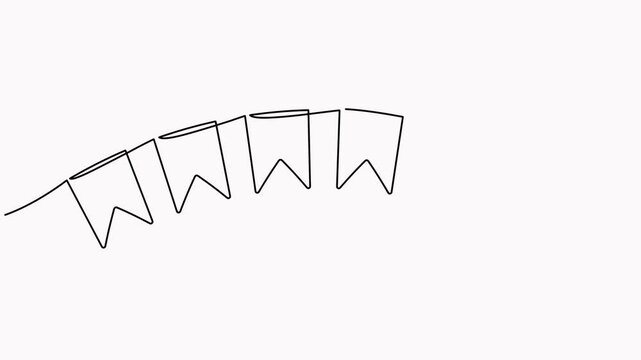 Continuous line art drawing buntings garland animation. Animated celebration party hand drawn flags.