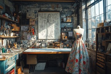 Naklejka premium A sunlight-filled artist's studio bursting with creativity displays sketches, tools, and a beautiful floral dress on a mannequin, embodying artistic inspiration and craftsmanship.