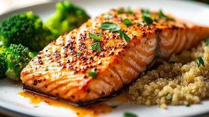 A plated meal featuring grilled salmon, quinoa, and broccoli, showcasing healthy eating.