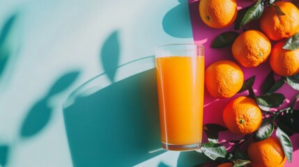 A high-quality stock image of freshly squeezed orange juice with whole and sliced oranges on the right side, leaving space on the left for text. Ideal for juice advertisements, health products.