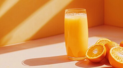 A high-quality stock image of freshly squeezed orange juice with whole and sliced oranges on the right side, leaving space on the left for text. Ideal for juice advertisements, health products.