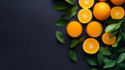 A high-quality stock image of freshly squeezed orange juice with whole and sliced oranges on the right side, leaving space on the left for text. Ideal for juice advertisements, health products.