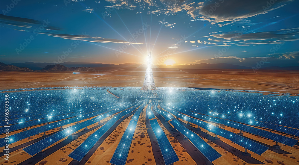 Poster a massive solar farm located in the desert. thousands upon thousands of solar panels arranged in a c