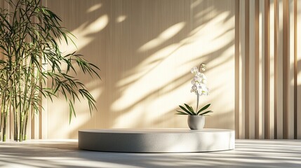 A serene indoor space featuring a circular platform, an orchid plant, and bamboo, emphasizing tranquility and design.