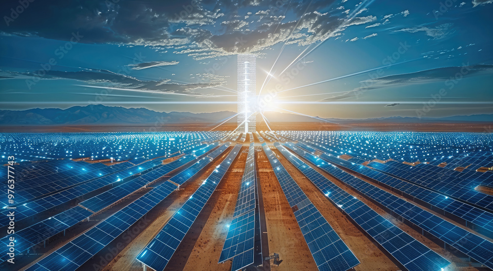 Poster a massive solar farm located in the desert. thousands upon thousands of solar panels arranged in a c