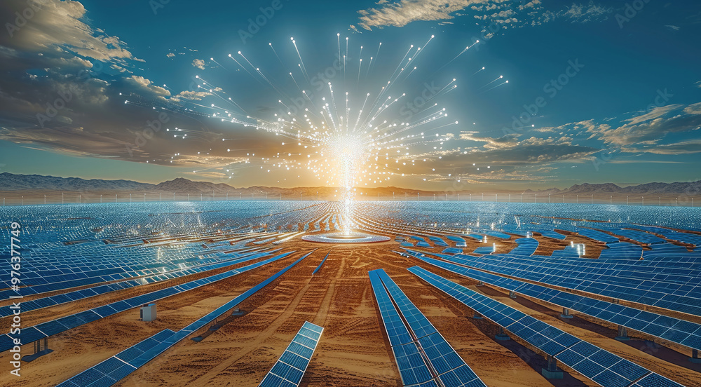 Poster a massive solar farm located in the desert. thousands upon thousands of solar panels arranged in a c