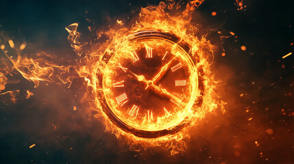 fiery clock explosion on black background