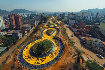 A yellow oval shaped road with graffiti on it