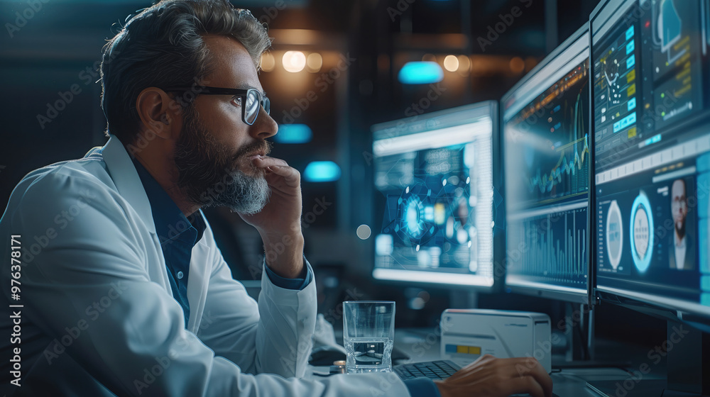 Poster A modern office setting where a headhunter and AI technology collaborate seamlessly. attentively reviewing a candidate profile on one screen while an AI-powered system analyzes data on another.