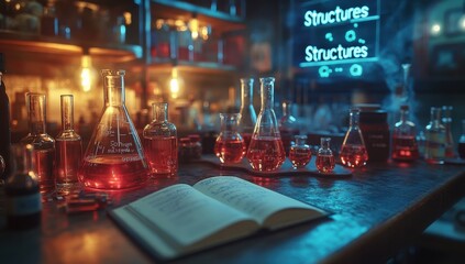 A cluttered lab table with flasks containing red liquids, beakers, and scientific tools, under the glow of bright lights and scientific diagrams.