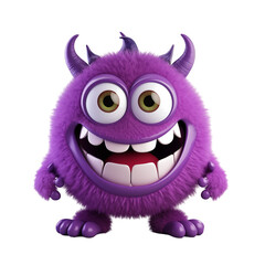 Cute Purple Furry Cartoon Monster With Large Eyes And Horns Smiling Playfully On Transparent Background